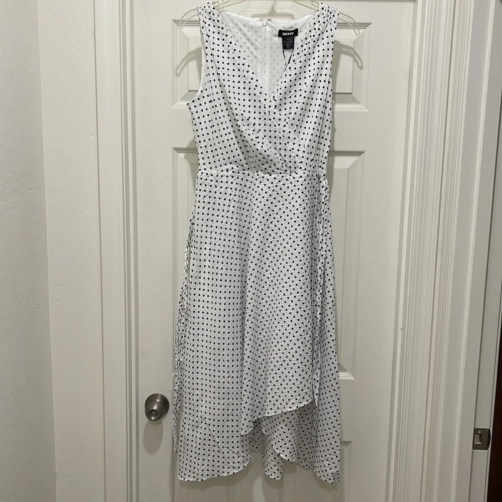 NWT DKNY Midi Faux Wrap Chiffon/crepe Black & White Dress - Picture 5 of 12